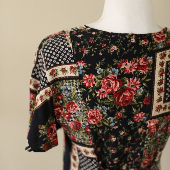 Vintage 90s Navy Floral Button Up Mini Dress (XS) - Picture 4 of 7